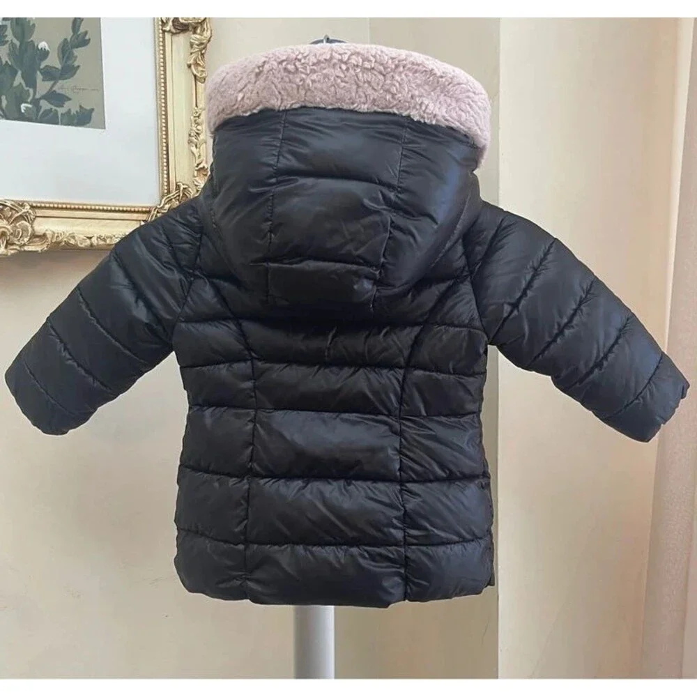 Michael Kors Girls Double Zip Puffer Jacket Black Pink Faux Fur Hood Sz 2T
